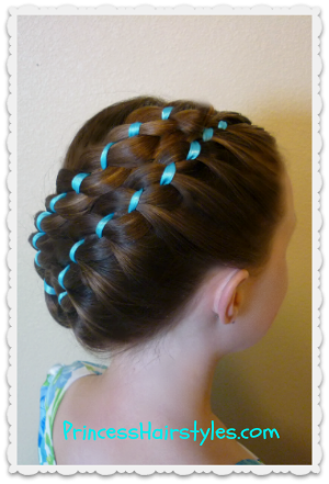 #hairstyle Diagonal stacked ribbon braids updo 