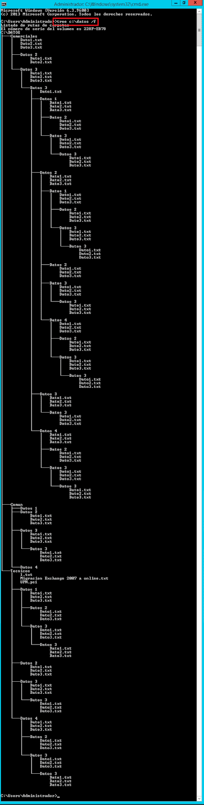 Microsoft Windows CMD: TREE listar Árbol de directorios. - tree c:\datos /f