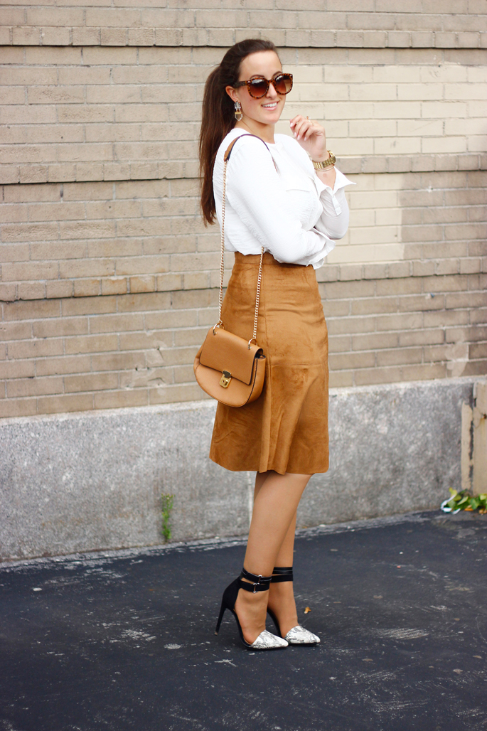 SUEDE COGNAC A-LINE SKIRT | Styled by FREIDY