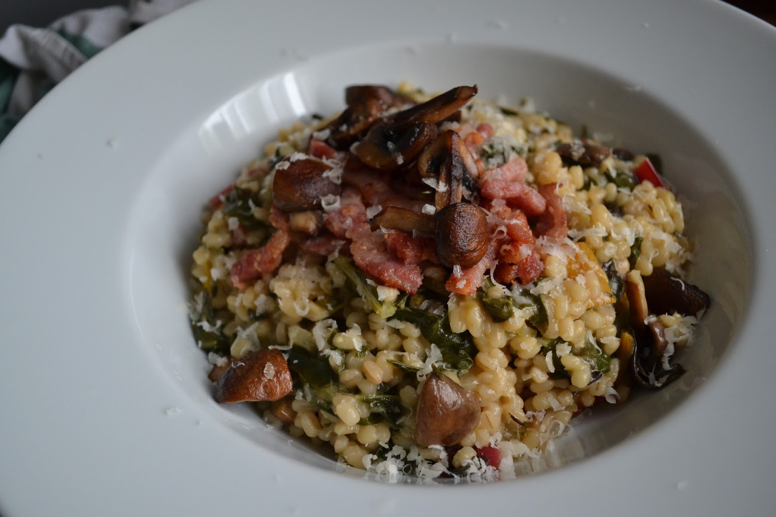 Pearl Barley Risotto with Chard, Mushrooms and Bacon