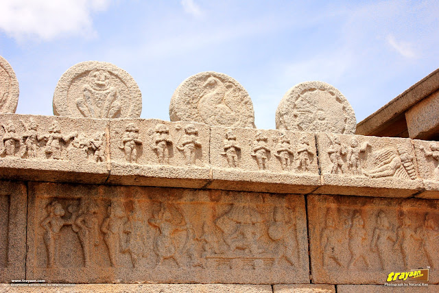 Relief sculptures on inner enclosure walls of Hazara Rama temple complex in Hampi, Ballari district, Karnataka, India