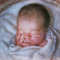 Figurative painting of newborn baby boy swaddled in blanket.