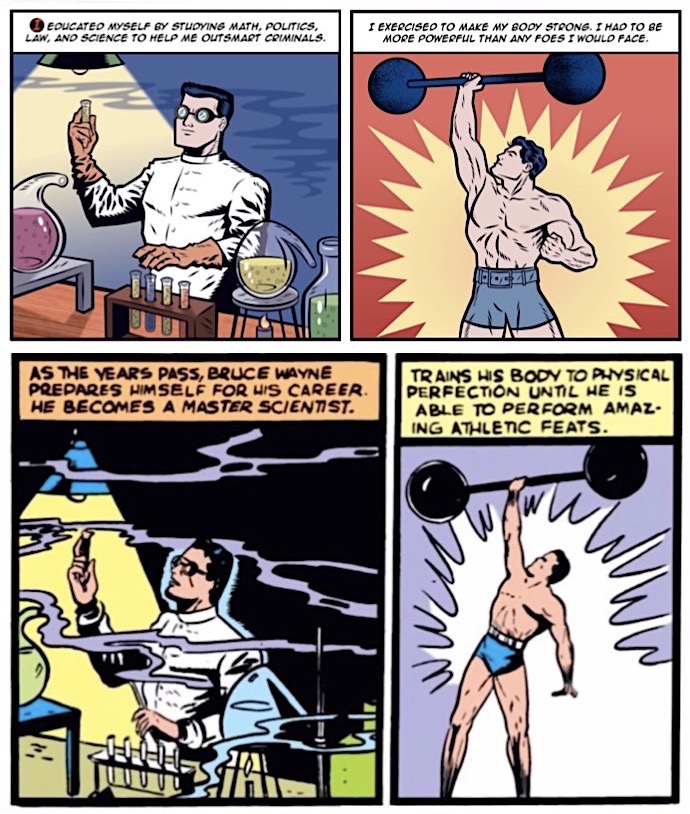 panels from 'The Story of the Dark Knight' above the comic-book panels they homage, with Bruce Wayne in lab coat studying chemicals and then in athletic trunks holding large barbell overhead