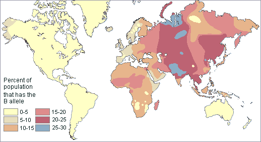 Distribution of the B type blood allele in native populations of the world