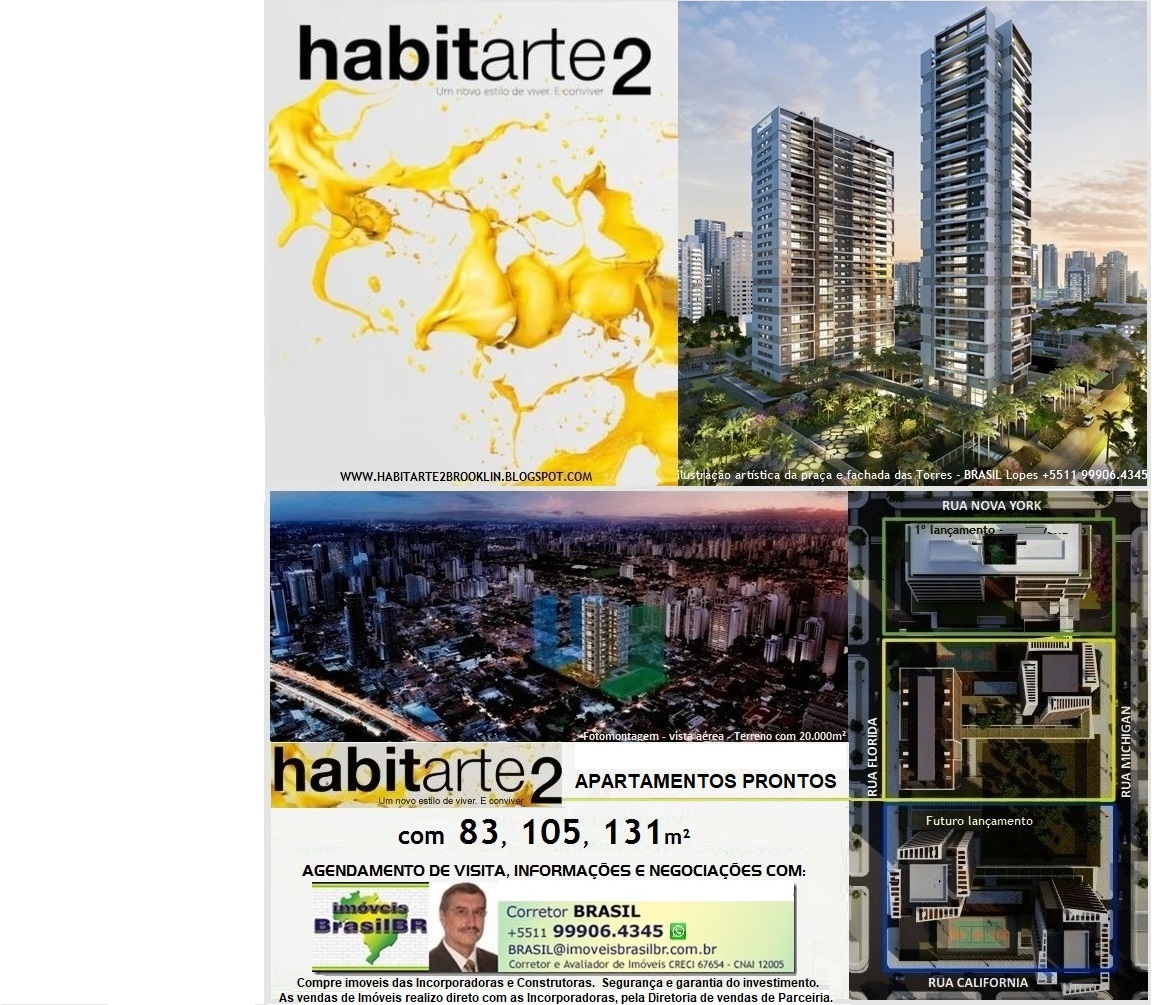 HABITARTE 2 Aptos de 83a128m², 2a4 vagas, prontos no Brooklin, R.NY x Michigan em S.Paulo-SP-Brasil