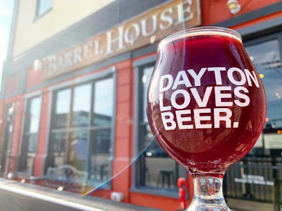 Photo of beer goblet etched with "I love Dayton" in front of Barrel House.