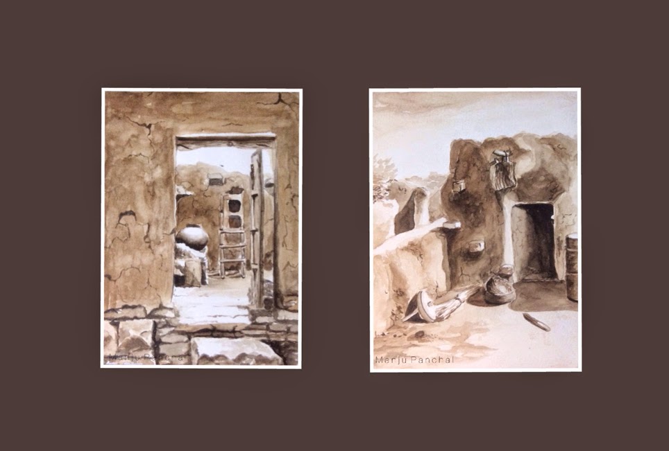 water colour paintings of rural homes by Manju Panchal