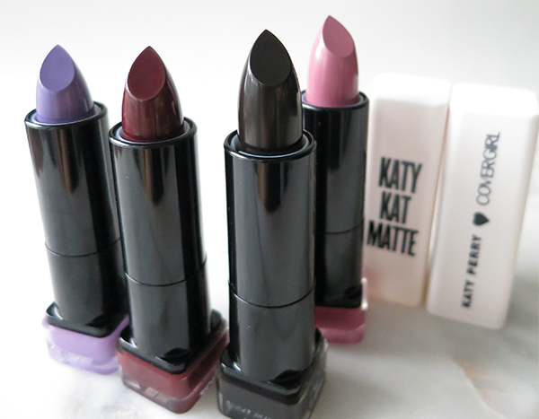Cover Girl x Katy Kat Matte lipstick Katy Perry collaboration purple vampy dark dramatic goth shades Cosmo Kitty, Maroon Meow, Perry Panther, Kitty Purry