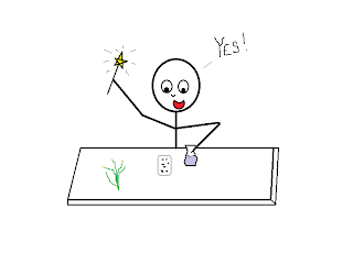 A stick figure hovering over a table, waving a magic wand over a beaker and some seeds, exclaiming, "YES!"
