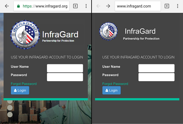 The real and fake InfraGard websites side-by-side