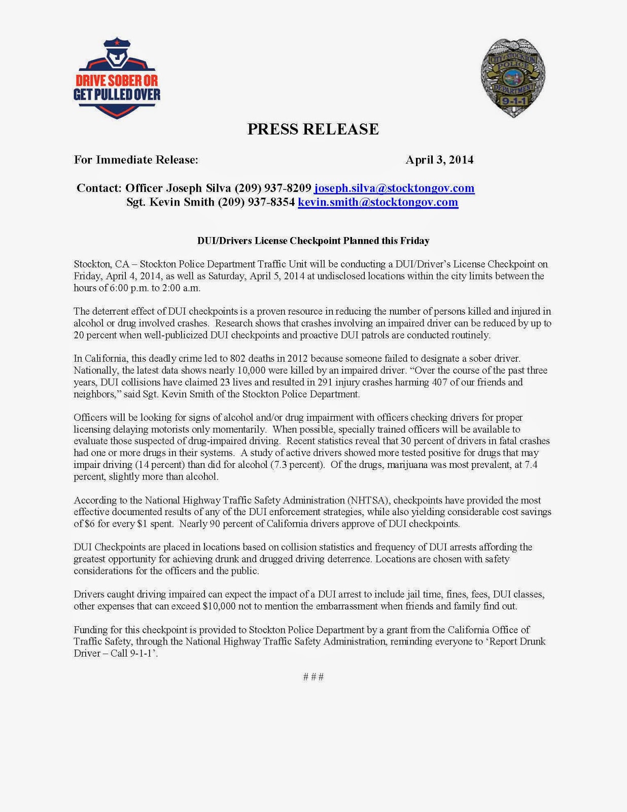 Stockton Police Department: DUI CHECKPOINTS