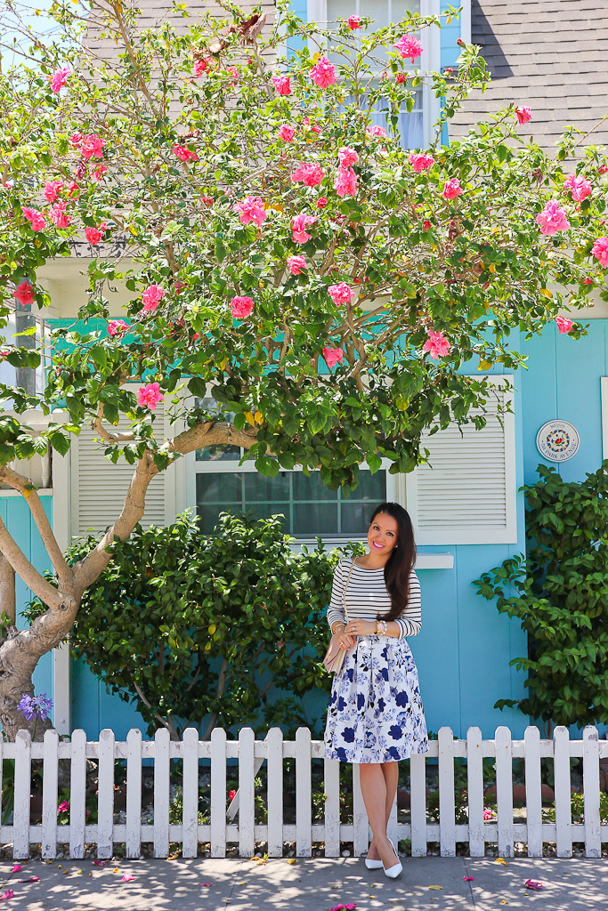 Ann Taylor shoulder button tee Goodnight Macaroon 'Liz' Porcelain Blue Floral Pleated High Waisted A-line Midi Skater Skirt Manolo Blahnik white BB pumps, Pattern Mixing Stripes and floral outfit Summer outfits for petites Tory Burch Kira envelope clutch