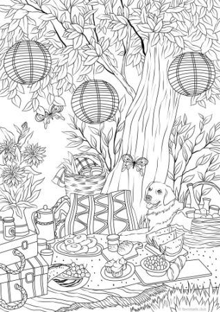 Tranh tô màu chú chó đi picnic