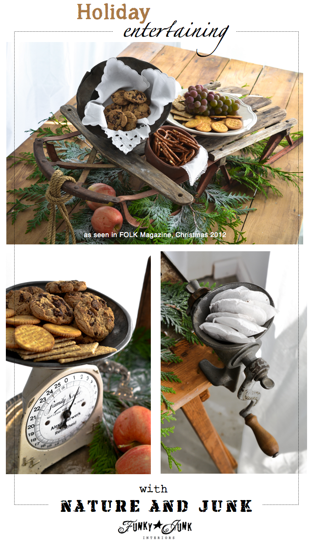 Holiday entertaining ideas with nature and junk! Unique ways to serve food via Funky Junk Interiors