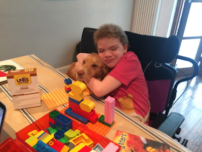 Daisy playing with lego and cuddling pluto her dog