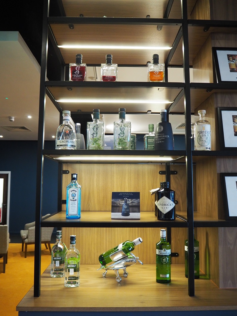 Gin selection in the lounge at Aberdeen Airport
