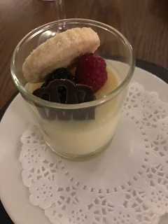 lemon posset with chocolat and fruit