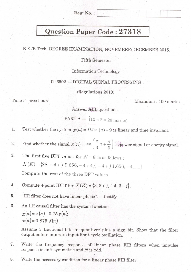 IT6502 Digital Signal Processing Nov Dec 2015 Question Paper