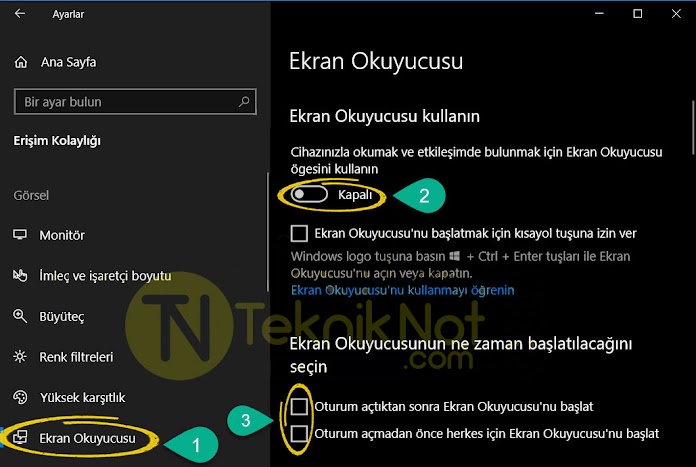 Windows Ekran Okuyucusu Kapatma