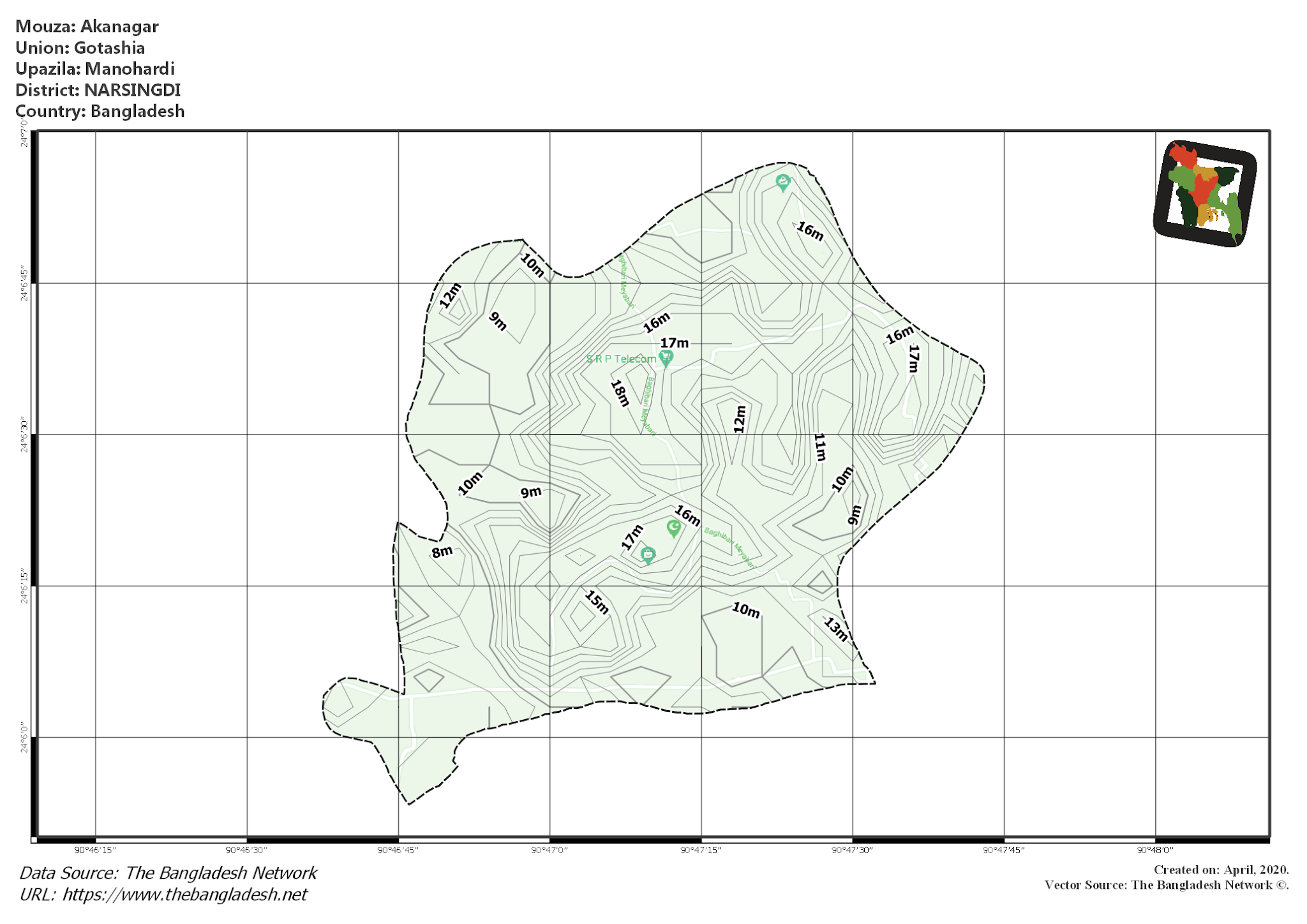 Map of Akanagar Mouza of Manohardi Upazila, NARSINGDI, Bangladesh.