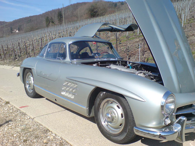 Mercedes-Benz 300SL mit offener Motorhaube im Weinberg, Schweiz, Rolle