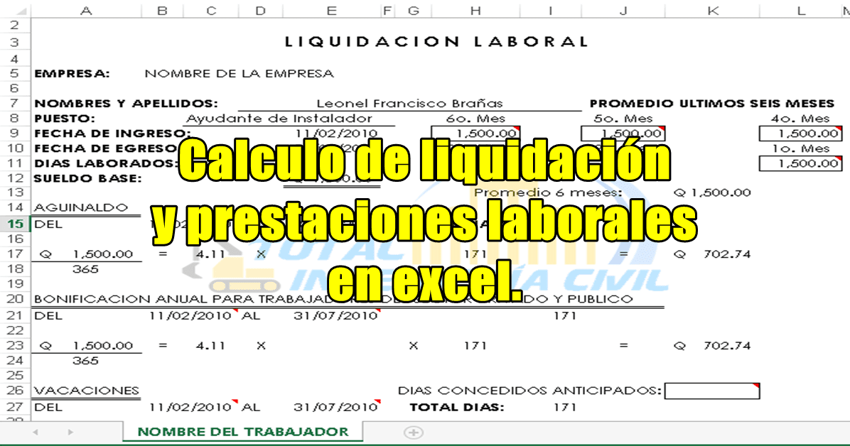 ️ 🏅Plantilla excel para el cálculo de liquidación y prestaciones