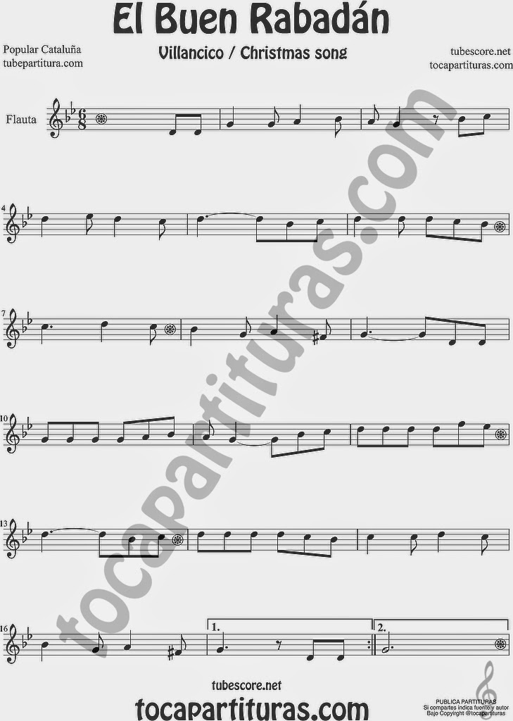  El Buen Rabadán Partitura de Flauta Travesera o Flauta Traversa Sheet Music for Flute Music Scores Villancico Christmas Carol 