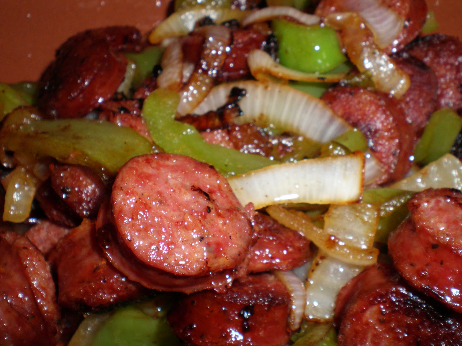 Basil and Rosemary's Kitchen Smoked Sausage with Onions and Green Bell