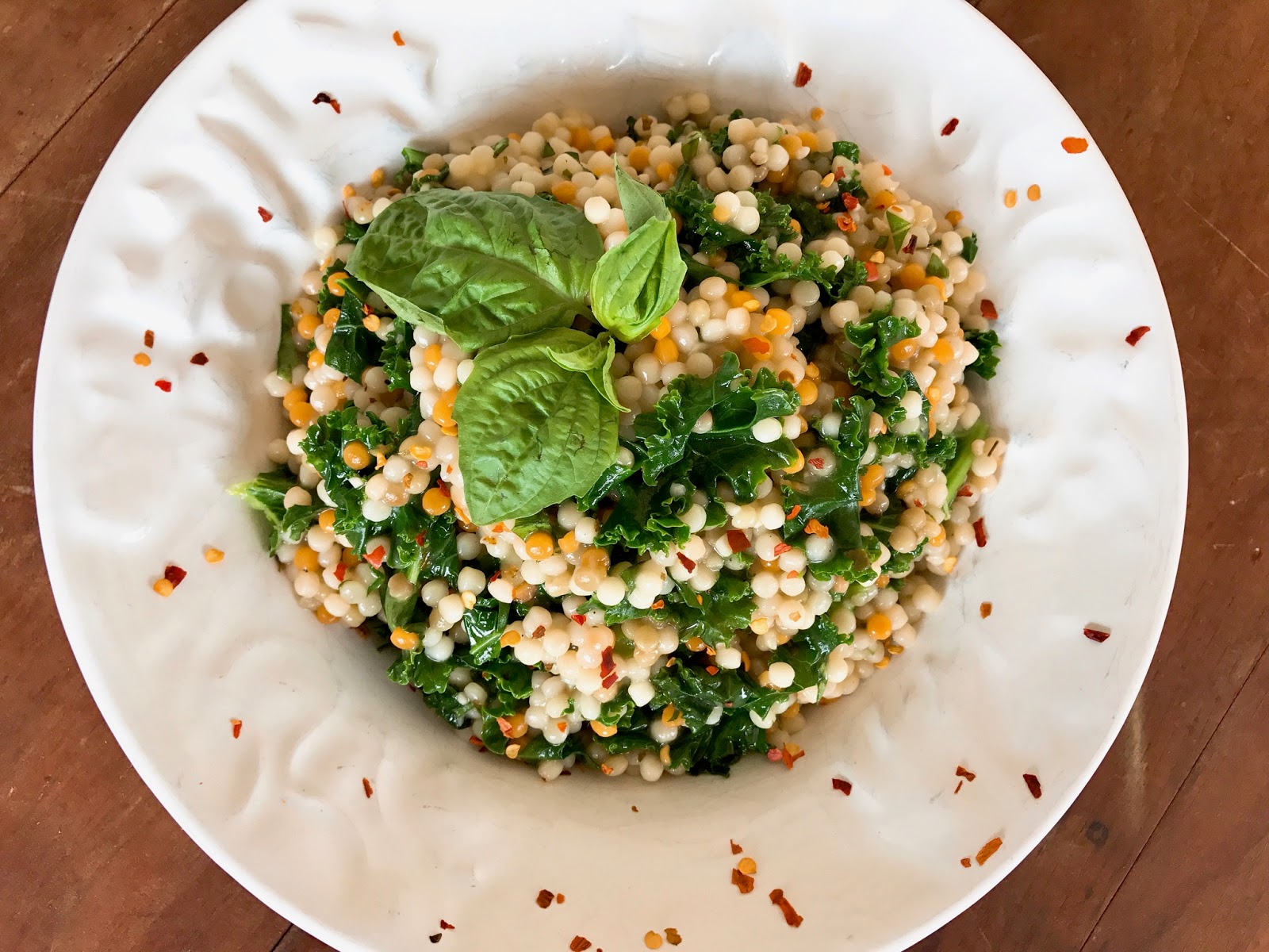 Pearled Couscous Salad with Wilted Kale, Garlic and Crushed Red Pepper