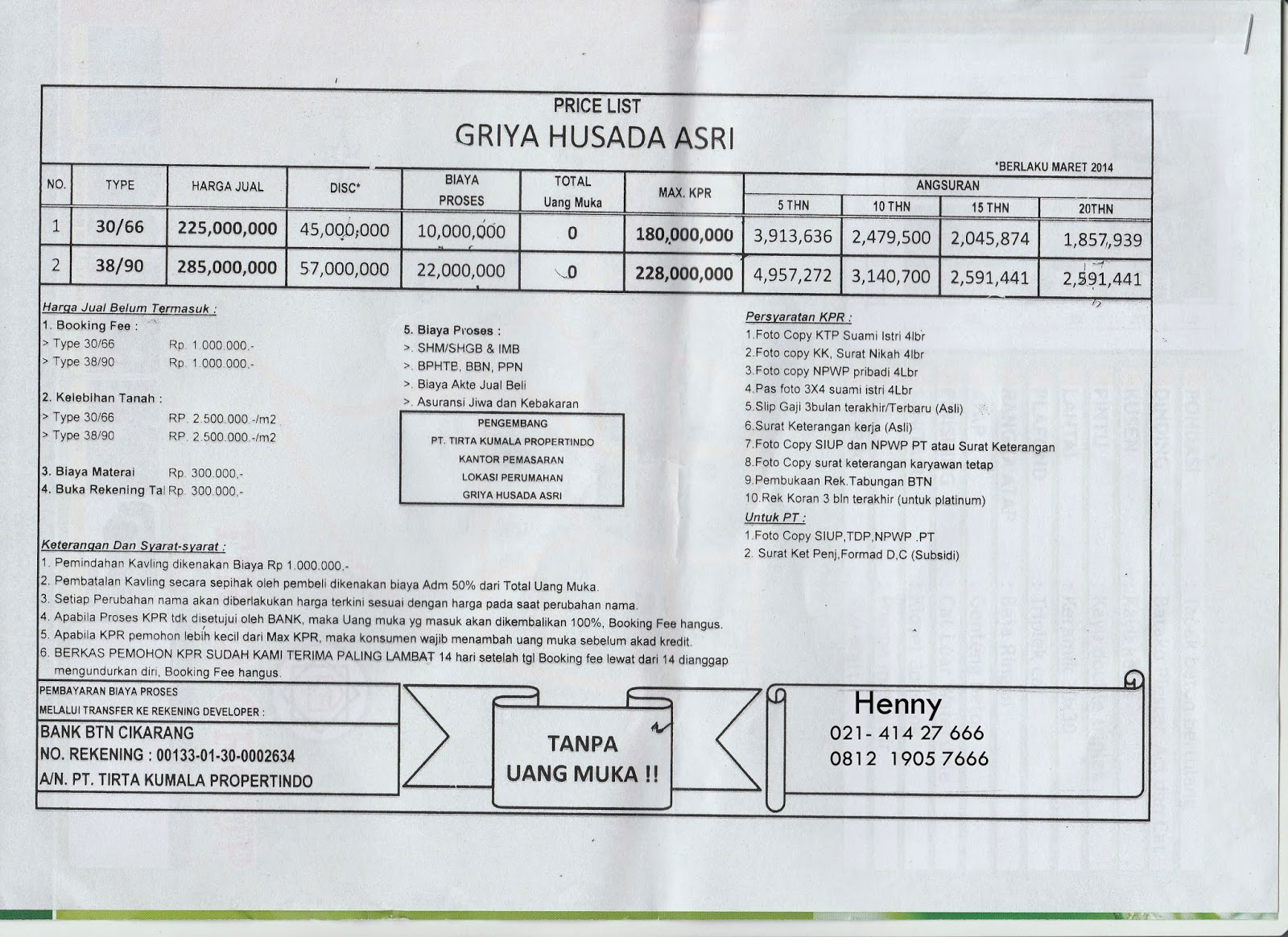 Brosur Harga Rumah Tanpa Uang Muka Bekasi Griya Jingga Permai