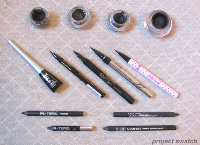 All my black eyeliners; gels, liquid, pen-style, pencils