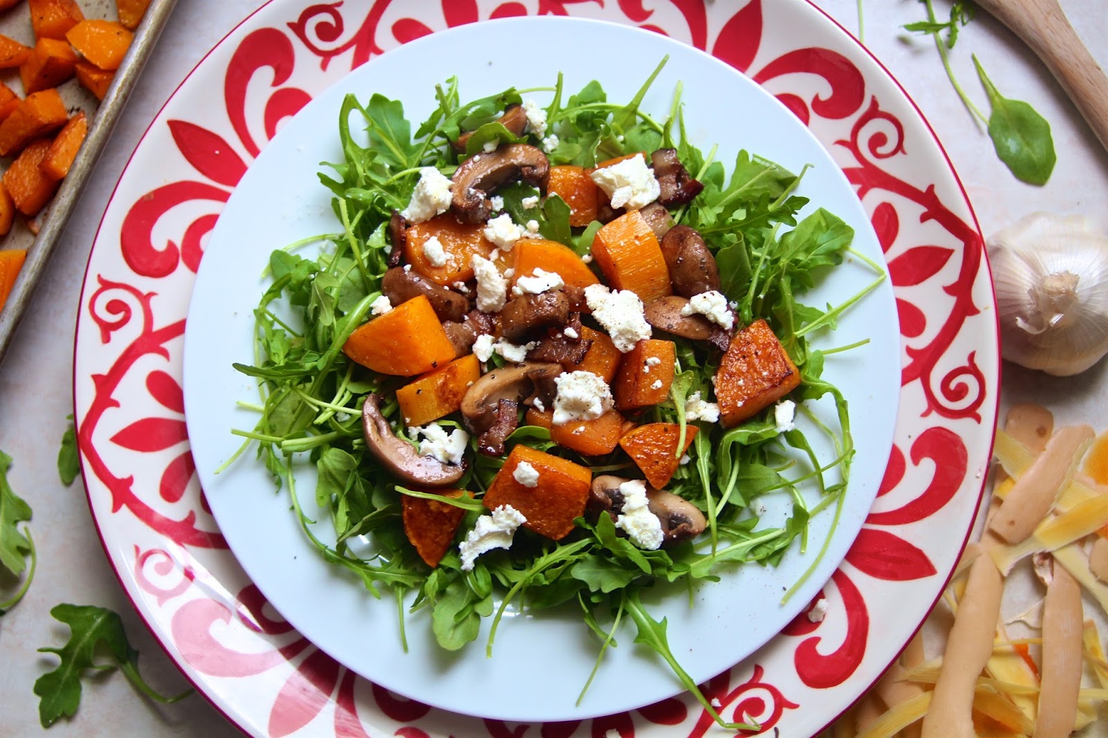 Goat Cheese Salad with Butternut Squash Mushroom and Bacon The