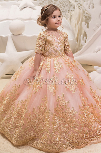 round neck half sleeves gold embroidery pink ball dress