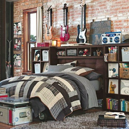 Traditional boys room decor ideas 2015, creative headboard with storage shelves