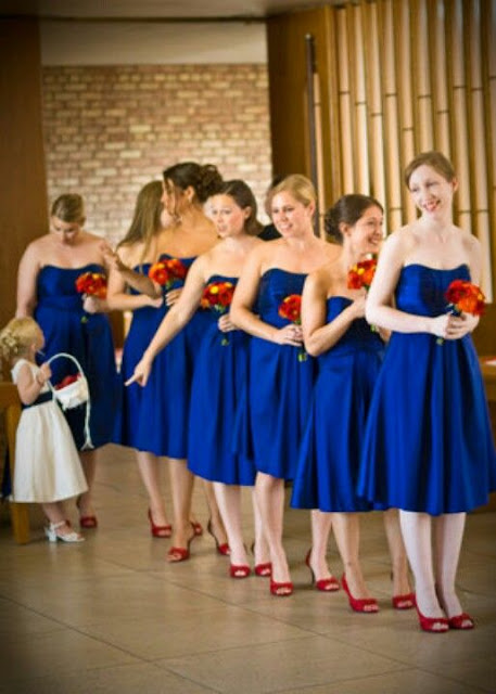 Royal Blue Bridesmaid Dresses with Red Shoes