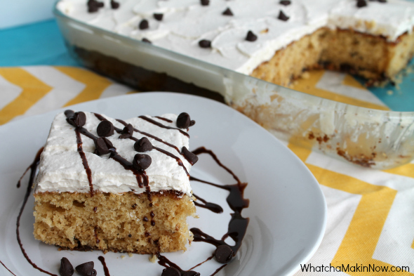 Caramel - Chocolate Chip Cake -- tastes like a chocolate chip cookie, but in cake form! Whipped cream frosting is so light and creamy! 