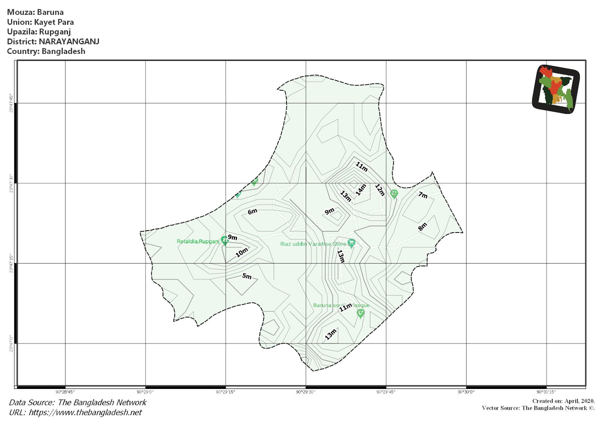 Map of Baruna Mouza of Rupganj Upazila, NARAYANGANJ, Bangladesh.