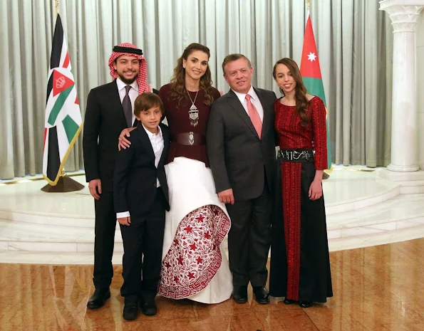 King Abdullah, Queen Rania, Crown Prince Al Hussein, Princess Salma, Prince Hashem attend a ceremony held in Amman for kingdom's 70th Independence Day. Queen Rania dress style, fashions