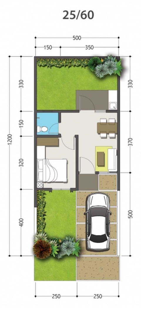 Denah rumah minimalis ukuran 5x12 meter 1 kamar tidur 1 lantai