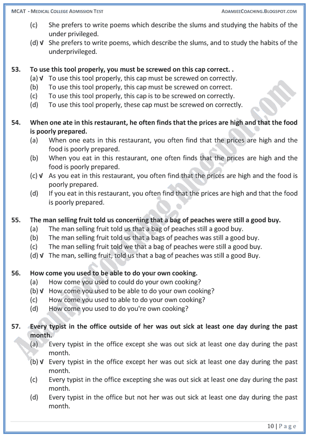 Adamjee Coaching MCAT English [Sentence Correction] Mcqs for Medical