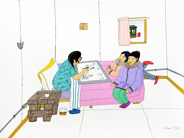 Annie Pootoogook, “Pitseolak Drawing with Two Girls on the Bed”, 2006 © Annie Pootoogook