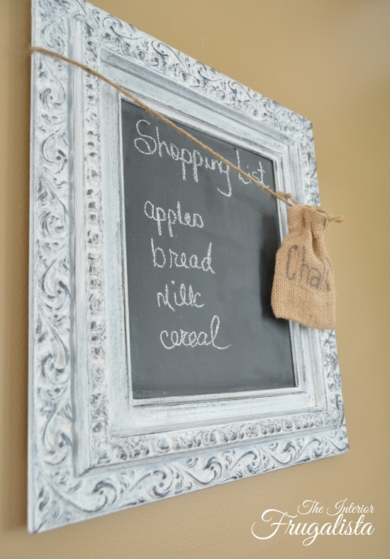 Picture Frame Chalkboard with burlap chalk storage