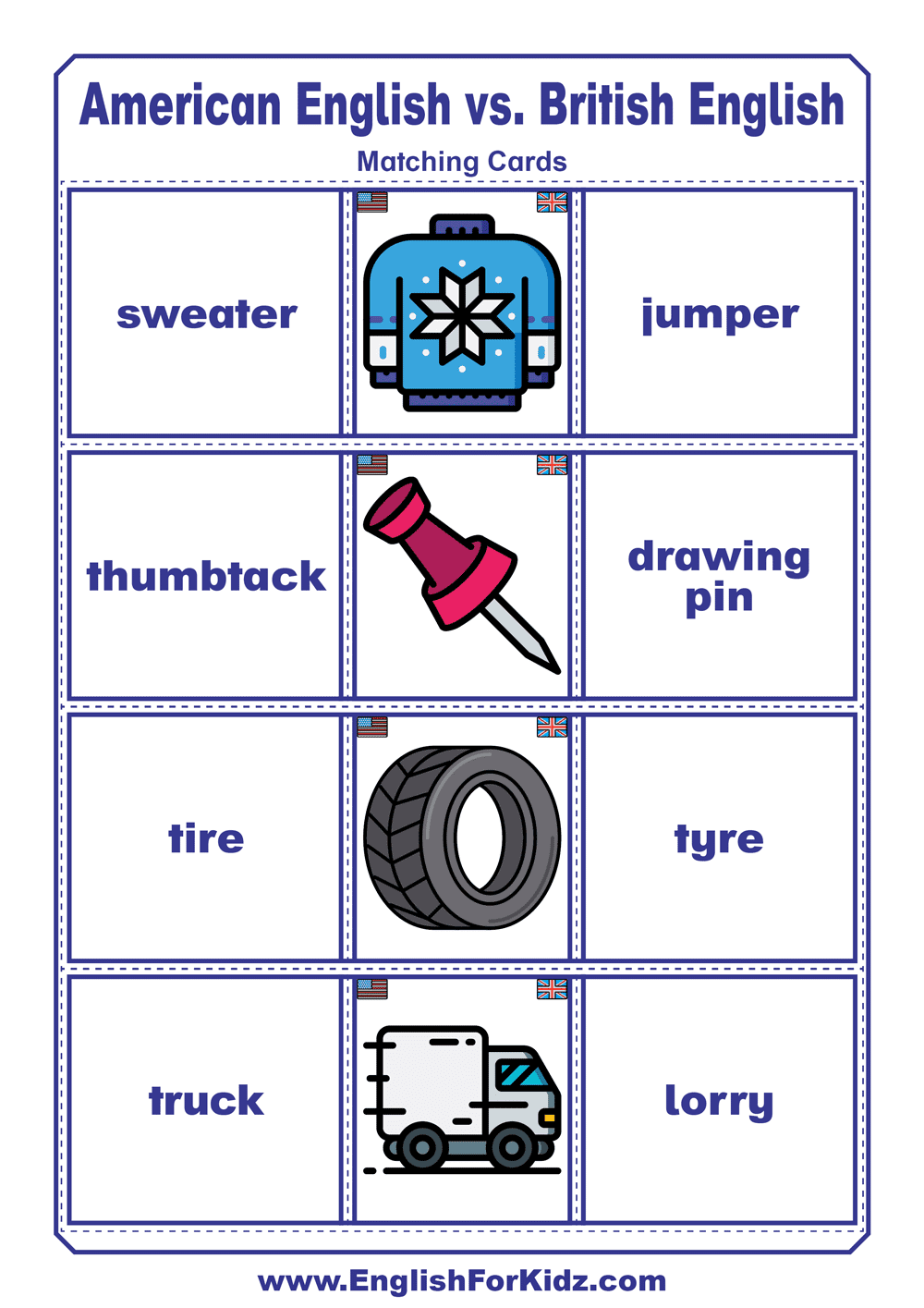 American English vs. British English Matching Cards