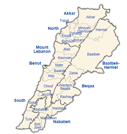 Peta pembagian wilayah administratif Lebanon