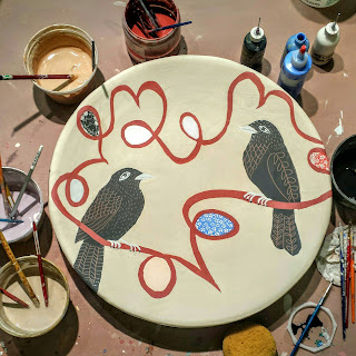 Painting platter, Ribbon and Ravens, cathy kiffney