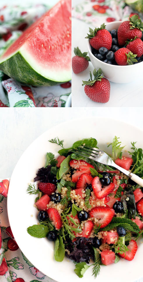 Quinoa salad with blueberries, strawberries and mint.