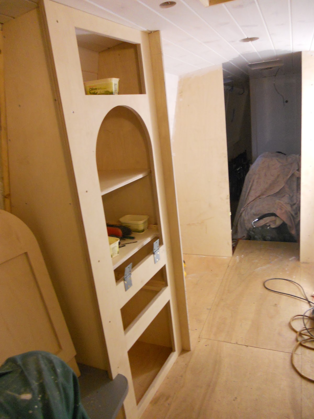 Harris & Watson Narrowboat Build Back cabin table cupboard