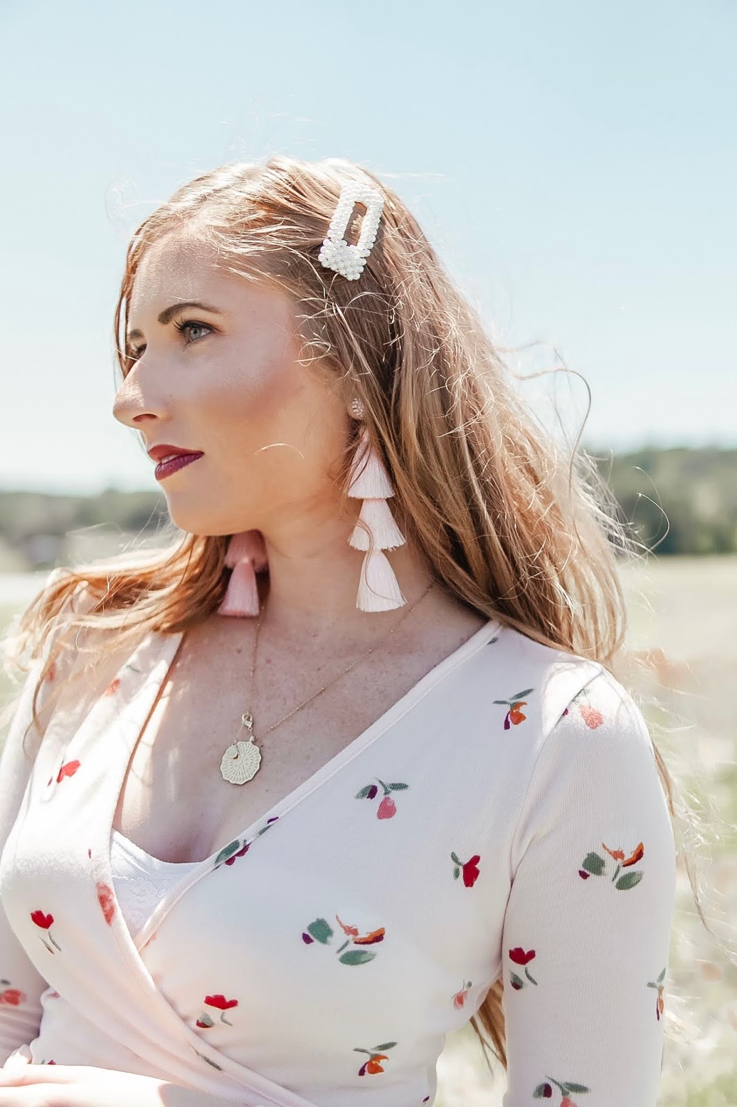 affordable by amanda: how to style 70s trends for spring with forever 21 fashion. pearl barrettes and extensions from barefoot blonde chestnut extensions