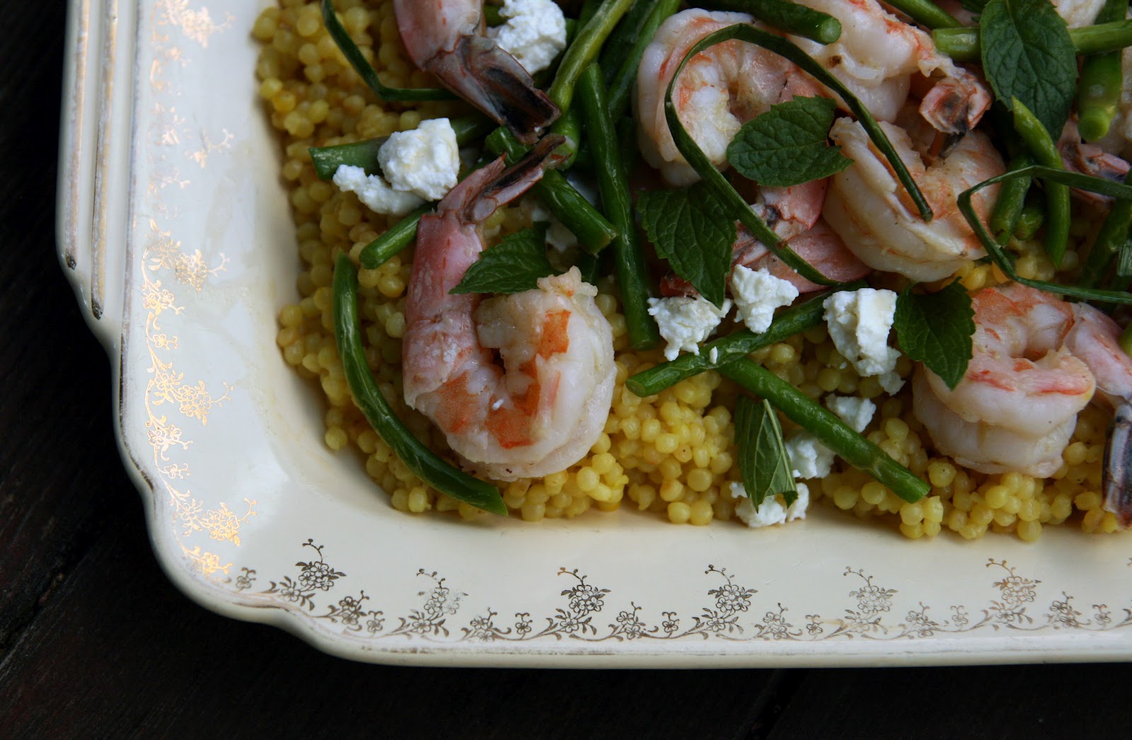 Israeli Couscous with Garlic Scapes, Shrimp and Feta Recipe mostly