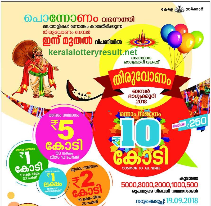 THIRUVONAM BUMPER 2018 (BR63) Draw date 19092018 Live Kerala